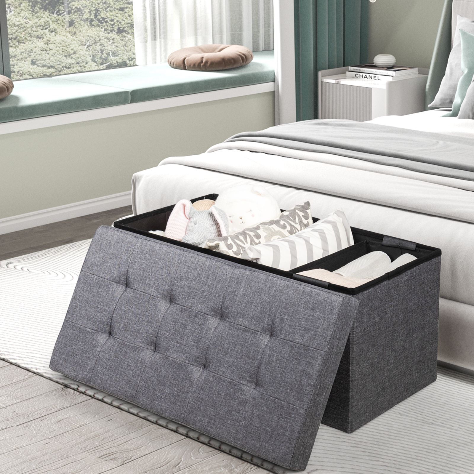 Fabric Foldable Storage Ottoman with Padded Seat for Living Room Dark Grey